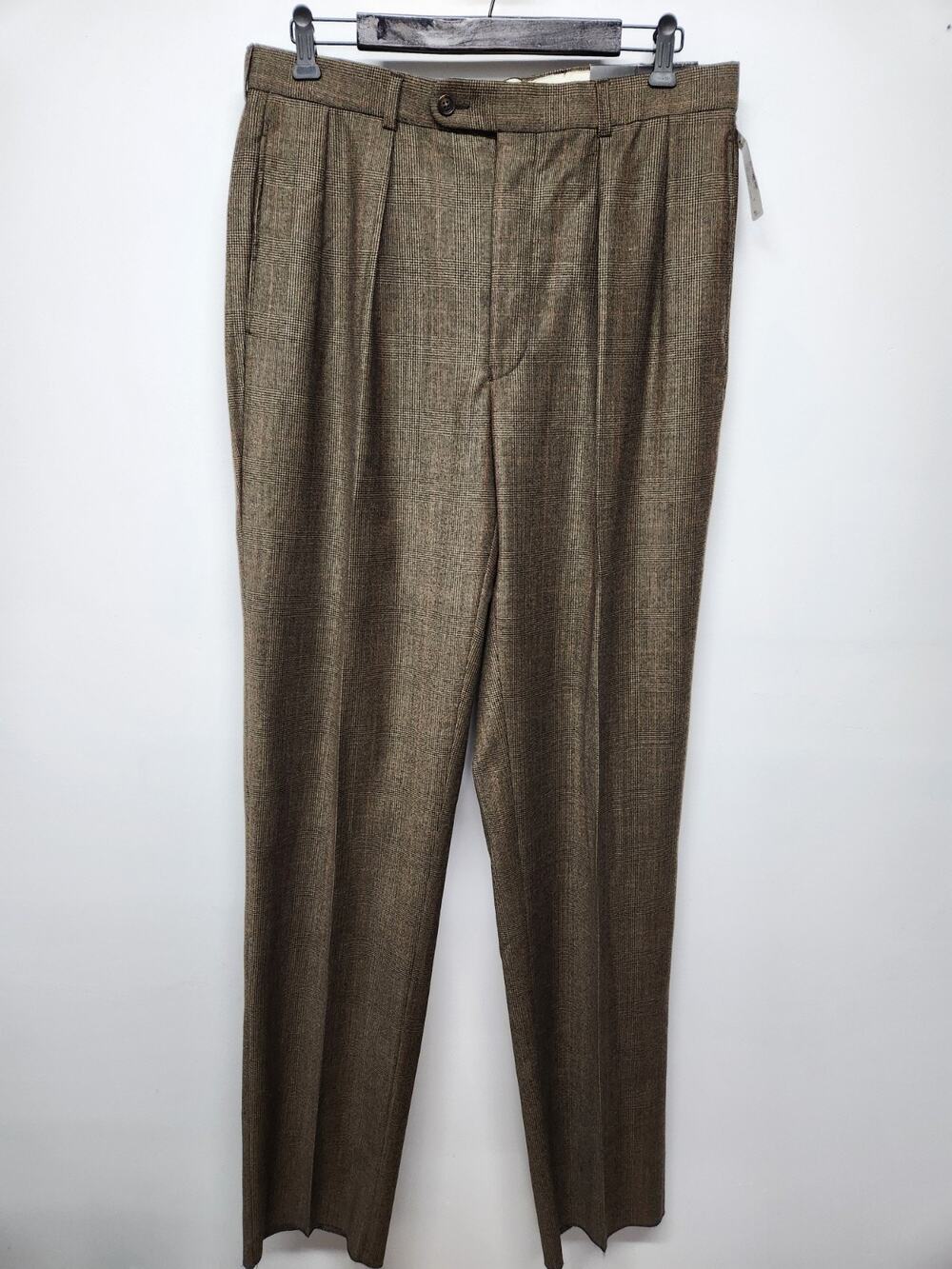 NWT. Harold Powell Men's Wool 34R Brown Brushed Glen Plaid Pants, Made In Canada
